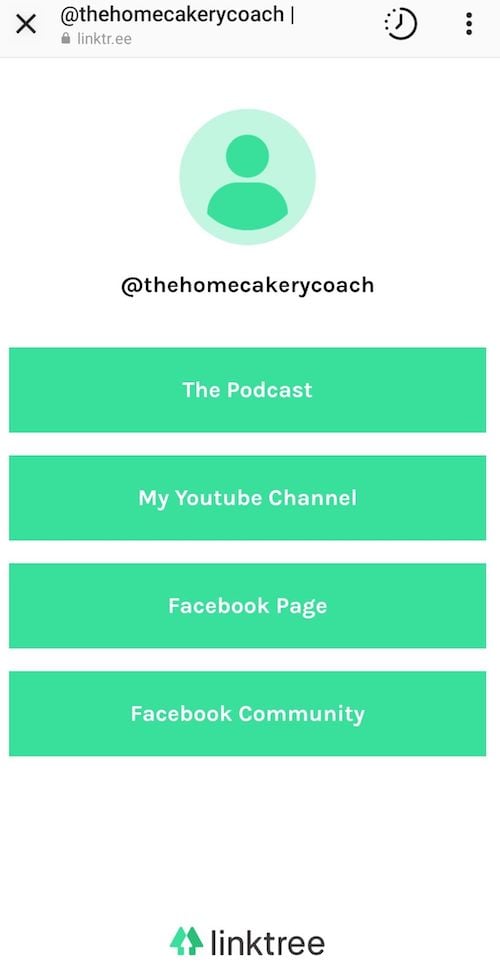 Screenshot of the "linktr.ee/thehomecakerycoach" page.