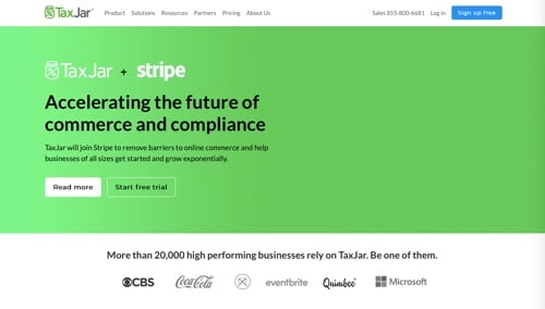 Home page of TaxJar, announcing the acquisition by Stripe