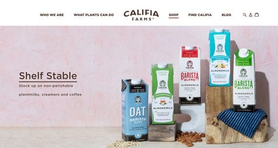 Screenshot of "Shelf Stable" page on Califia Farms' website.