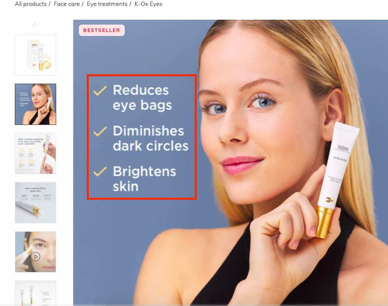Capture d'écran de la page du produit pour la crème pour les yeux ISDIN