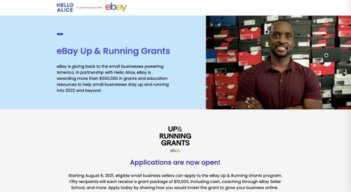 Home page of eBay's Up & Running Grants