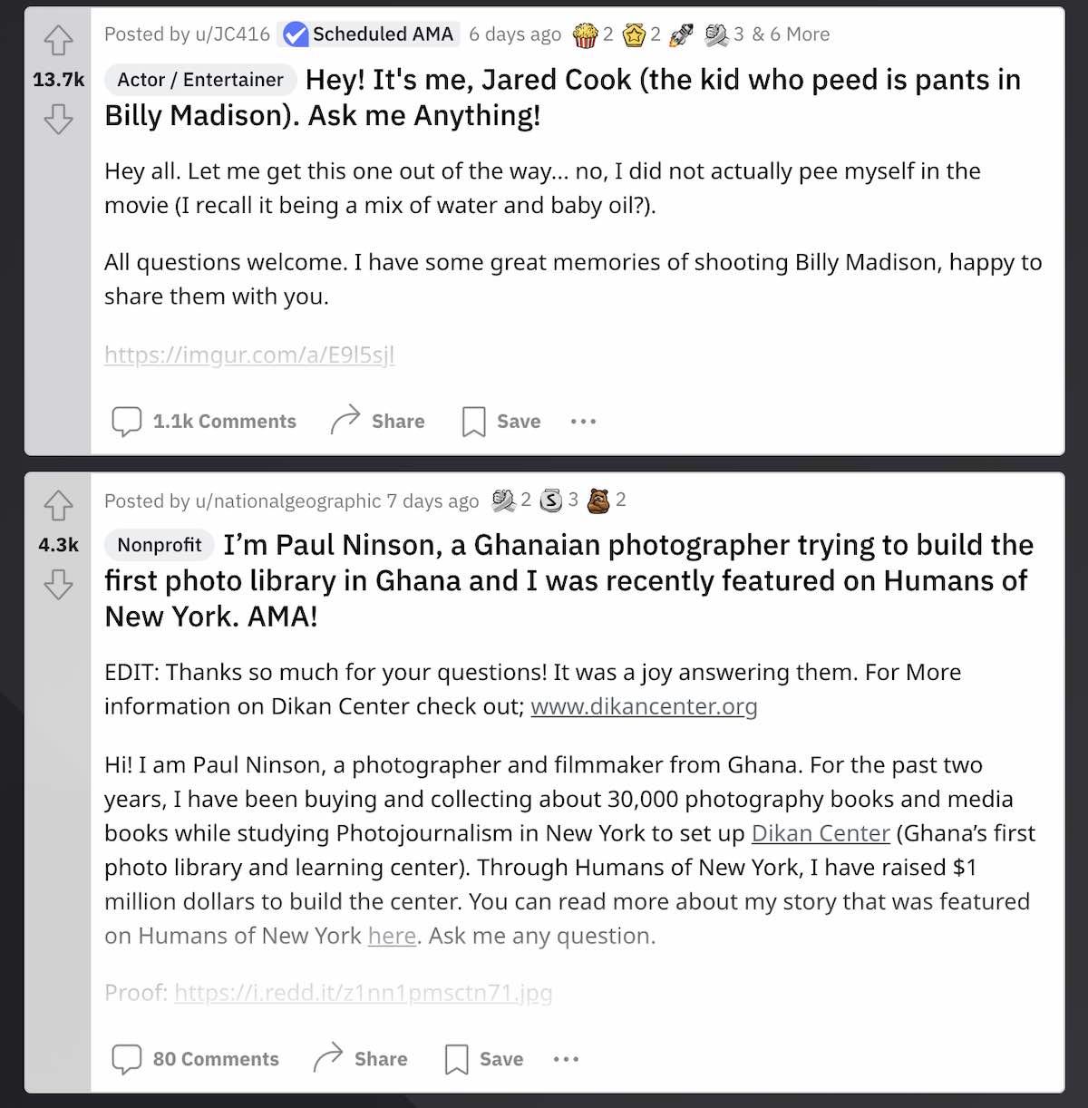 These examples show a scheduled AMA from actor Jared Cook and an unscheduled AMA from a photographer in Ghana.