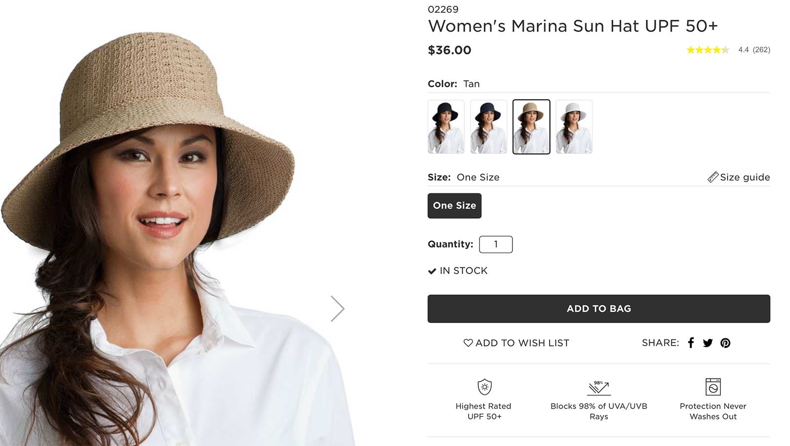 Coolibar product page with woman wearing a sun hat
