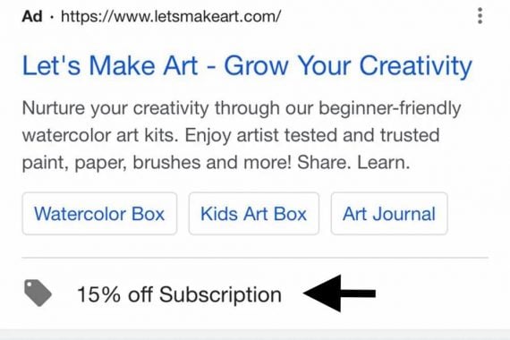 Sample promotion extension ad from Letsmakeart.com on a mobile device Sample promotion extension ad from Letsmakeart.com on a mobile device