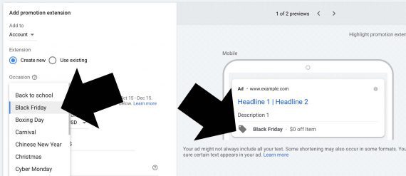 Screenshot from Google Ads showing the extension setup for an occasion