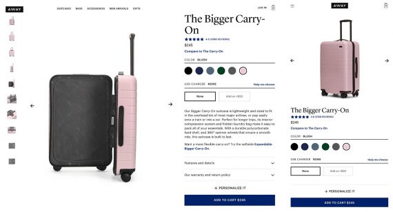 Product page: Away luggage on display