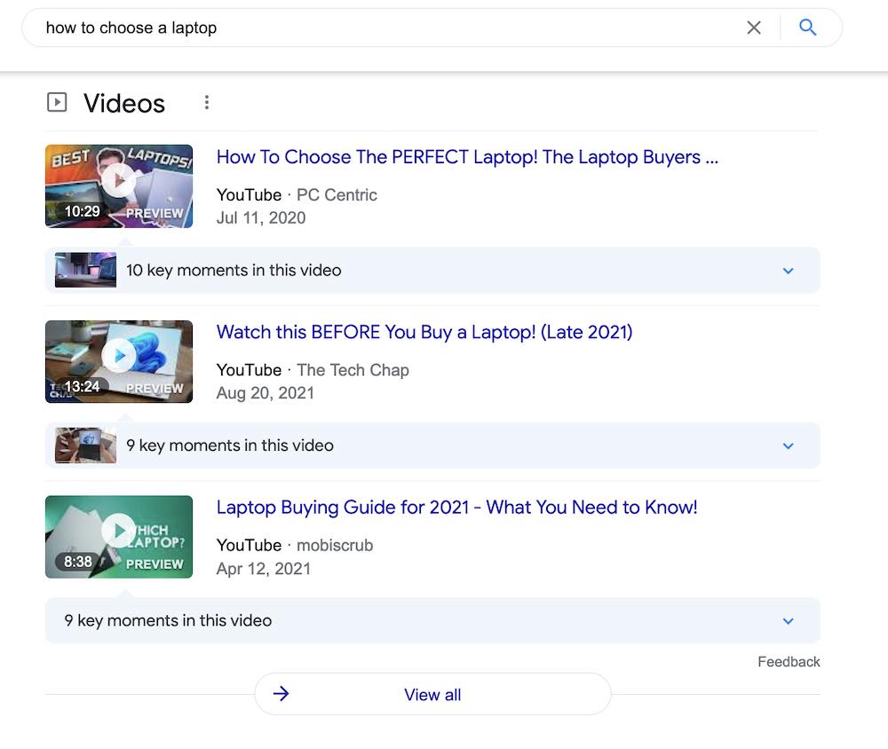 Video carousels are hard to miss in search results. This example is from a desktop.