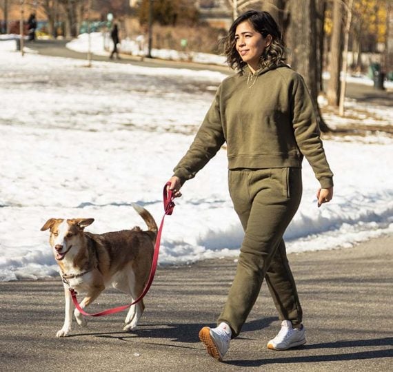 Photo of a female walking a dog by a park Photo of a female walking a dog by a park