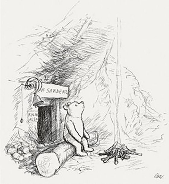 Desenho do Ursinho Pooh junto ao fogo, do artista EH Shepard