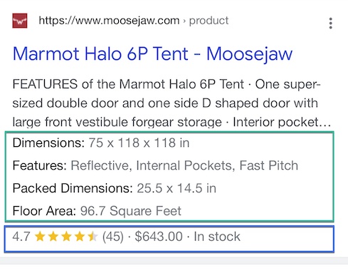 Screenshot of a Google search listing from Moosejaw showing a strutured and rich snippt.