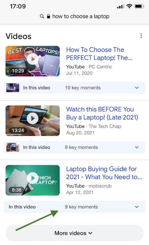 Video carousel on a mobile screen, including the "key moments" section
