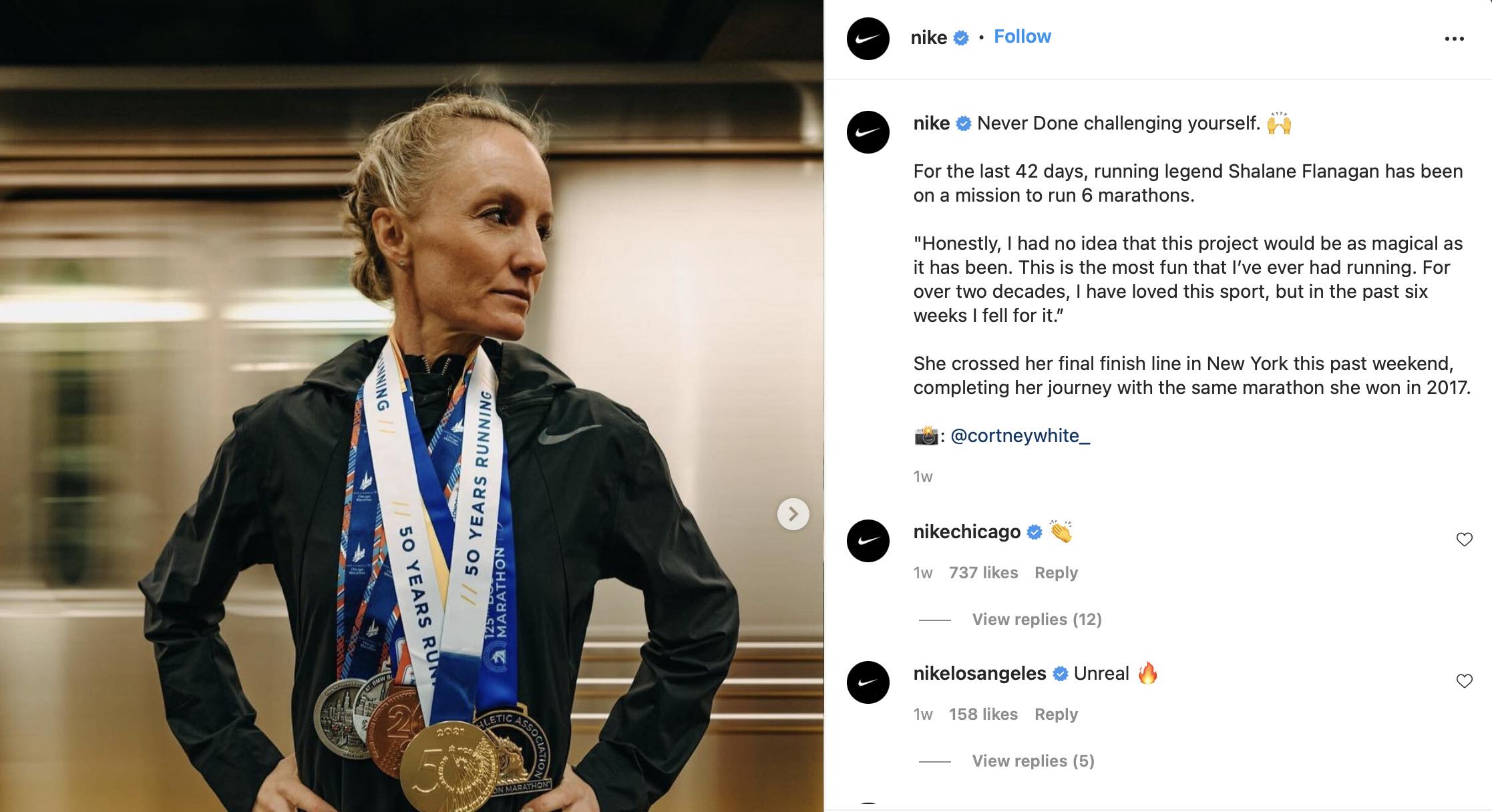 Captura de pantalla de la página de Instagram de Nike con una atleta femenina.