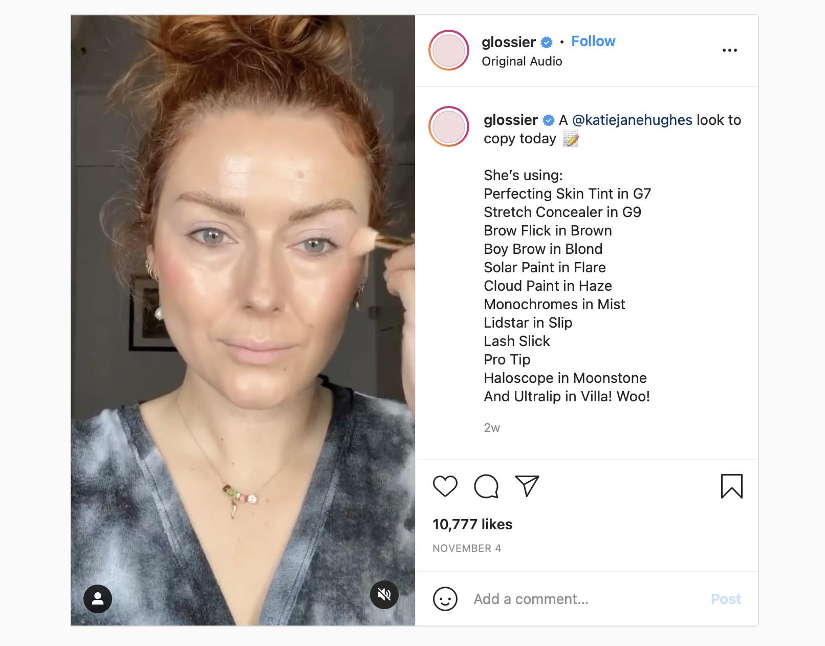 Captura de pantalla de un tutorial de maquillaje de Glossier en Instagram