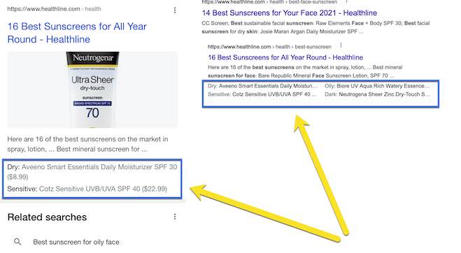 Screenshot of two organic search listings showing the structured snippets.