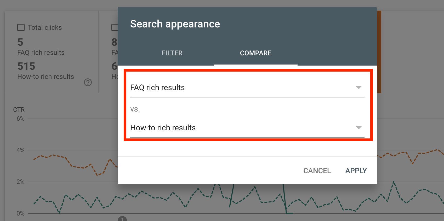 Screenshot in Search Console showing the "Search appearance" comparison