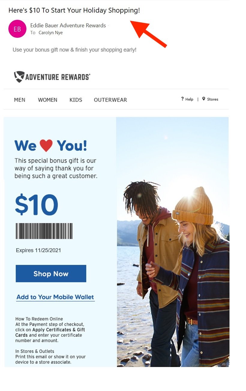 Screenshot of an Eddie Bauer holiday email Screenshot of an Eddie Bauer holiday email