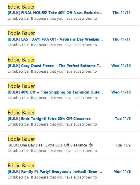 Screenshot of an email inbox showing numerous emails from Eddie Bauer.