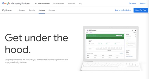 Home page of Google Optimize