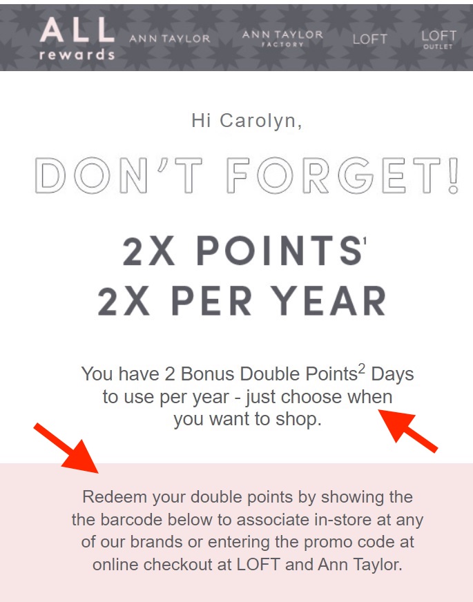 Sample email from Loft for reward points.