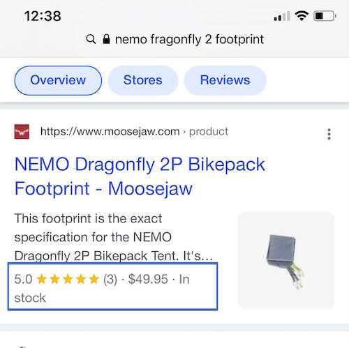 Example of a product rich snippet in Google search results on a mobile phone