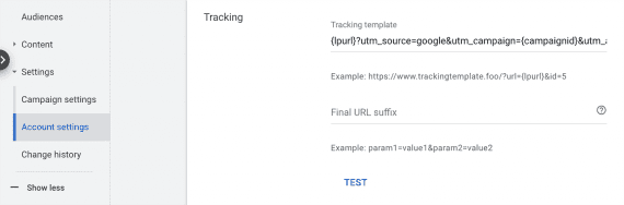 Screenshot of the "tracking template" page in Google Ads admin