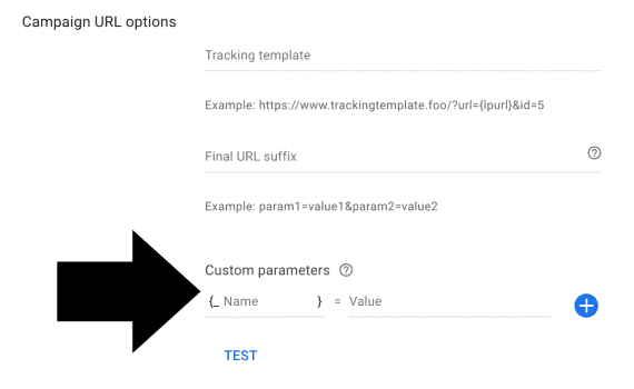 Screenshot of Google Ads admin for setting up custom parameters in the tracking template Screenshot of Google Ads admin for setting up custom parameters in the tracking template