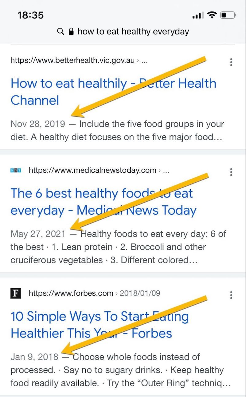 Screenshot of mobile search results for dates in organic snippets