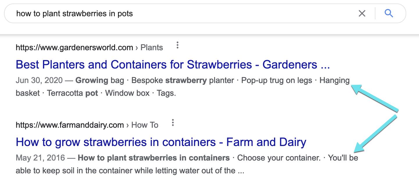 Captura de pantalla de los resultados de búsqueda de Google que muestran encabezados HTML en una descripción de fragmento