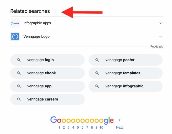 Tangkapan layar dari "Pencarian terkait" untuk Venngage di Google