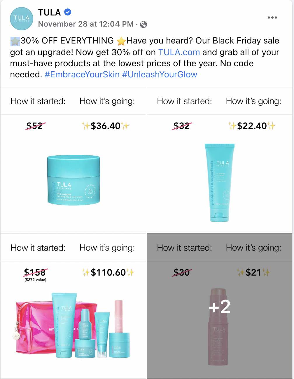 Screenshot from Facebook of Tula's page showing discounts of its skincare products