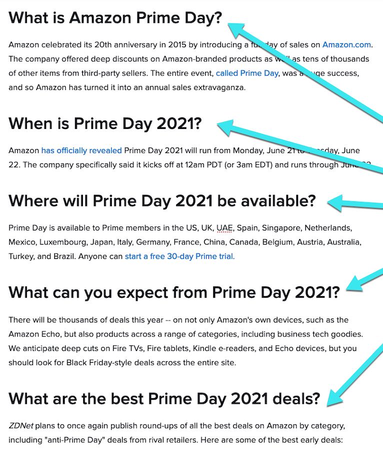 Captura de pantalla de una página web de preguntas y respuestas que involucra a Amazon Prime con cada pregunta un subtítulo. 