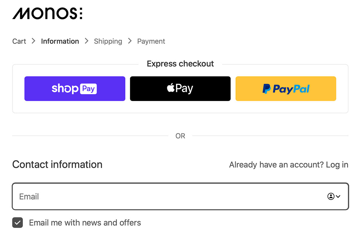 Single page checkout that accepts Shop Pay, Apple Pay and PayPal