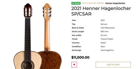 Screenshot of a product page at the Guitar Salon for a 2021 Henner Hagenlocher SP/CSAR