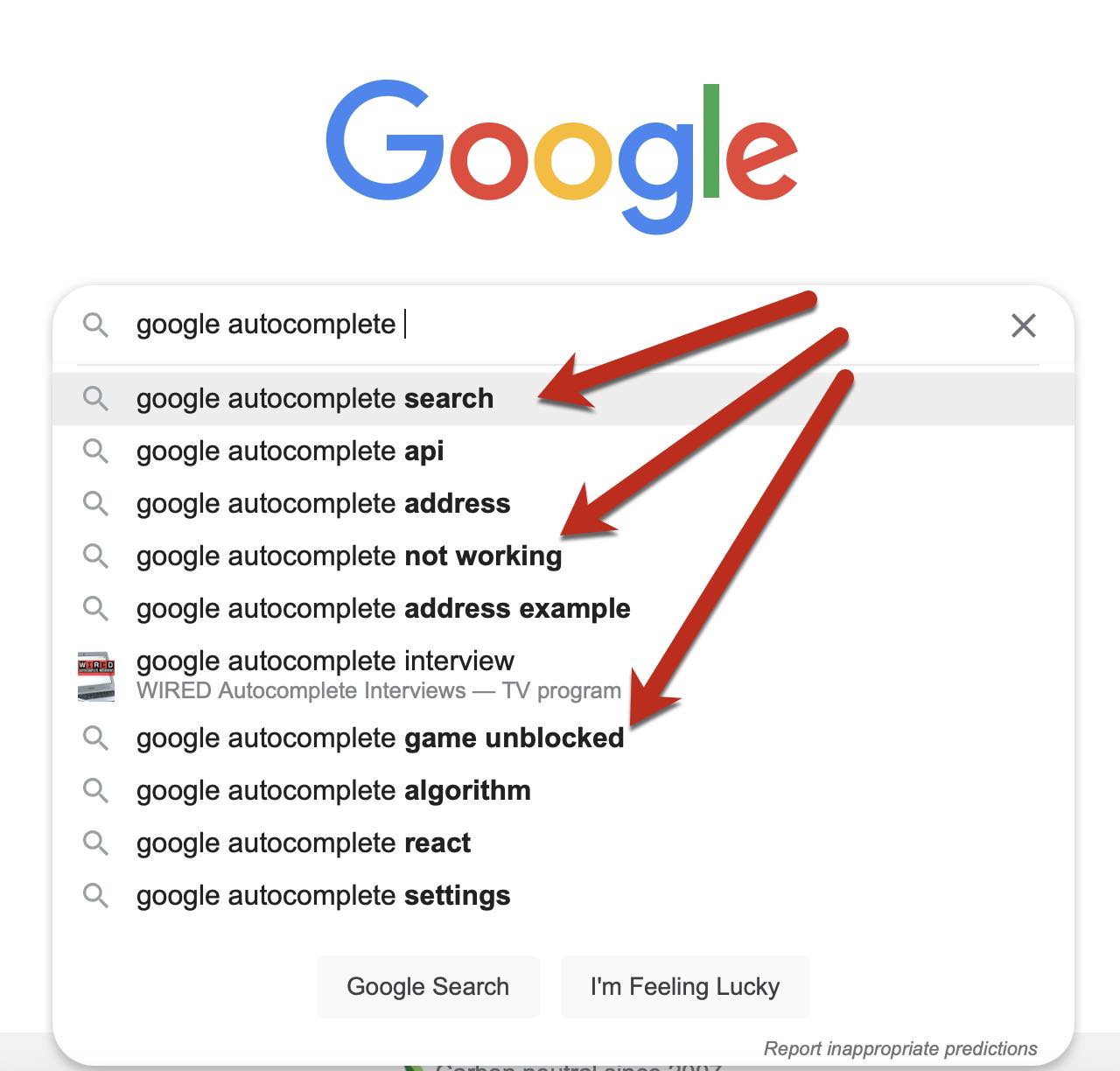 Screenshot of an autocomplete example for the phrase "google autocomplete"