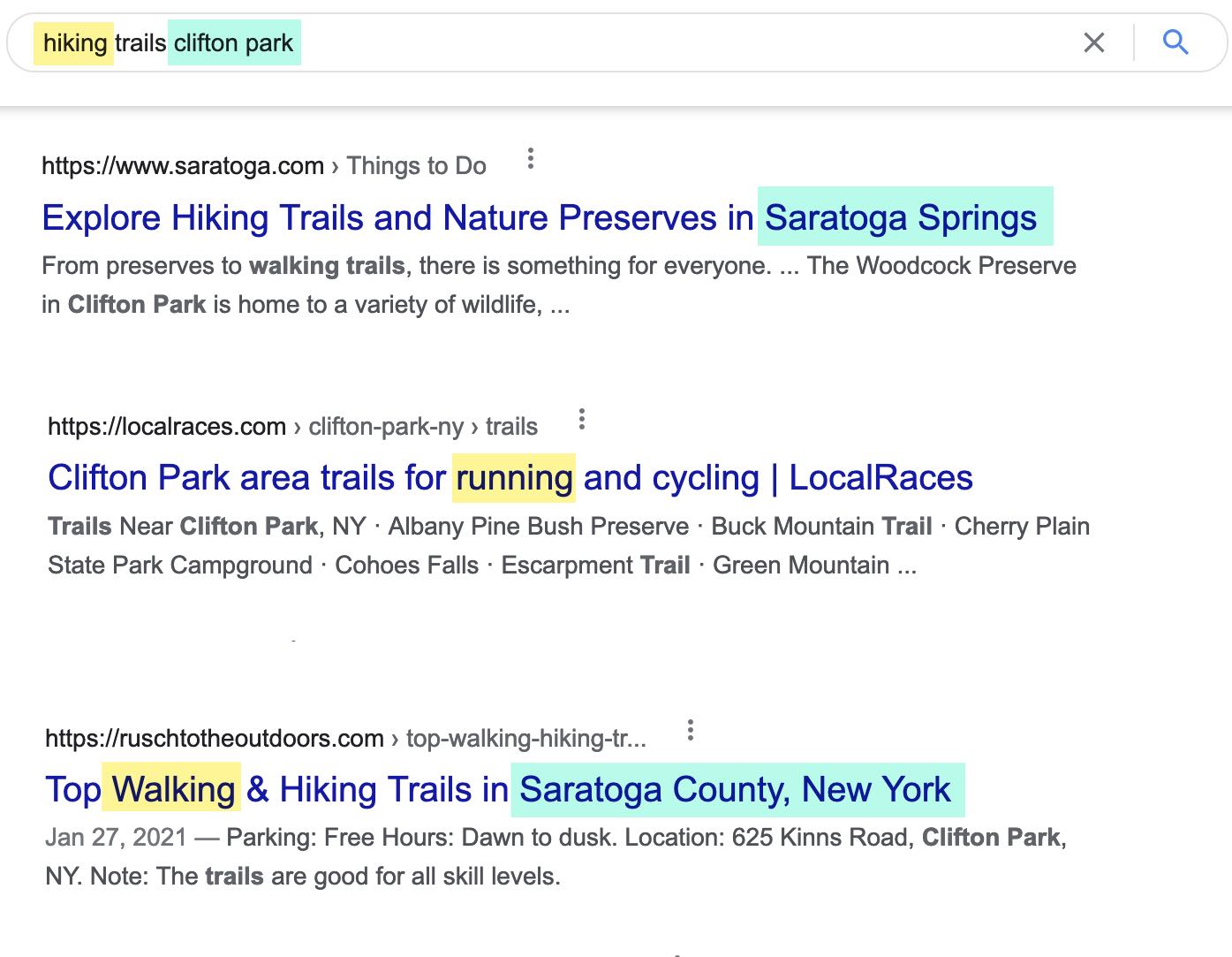 Screenshot of Google search results for "hiking trails clifton park."