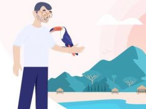 Screenshot of an illustration from Scott's Cheap Flights web page showing a male in a vacation setting