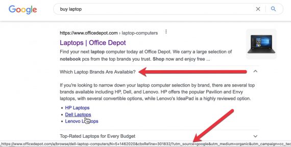 Tangkapan layar hasil pencarian Google yang menunjukkan cuplikan Office Depot untuk "beli laptop" pertanyaan