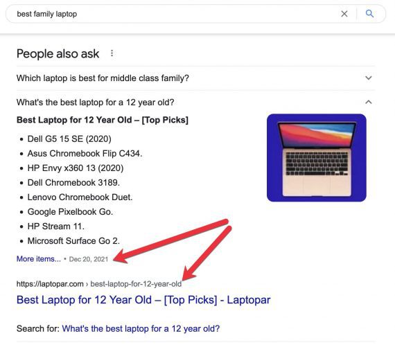 Screenshot of "People also aks" for "best family laptop" query