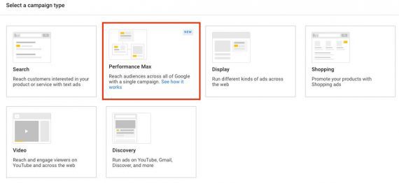 Screenshot of Google Ads setup for "Select a campaign type"