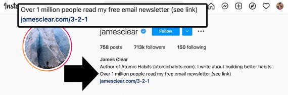 Screenshot of James Clear's Instagram bio