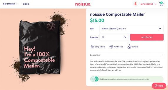Captura de pantalla del sobre compostable de Noissue