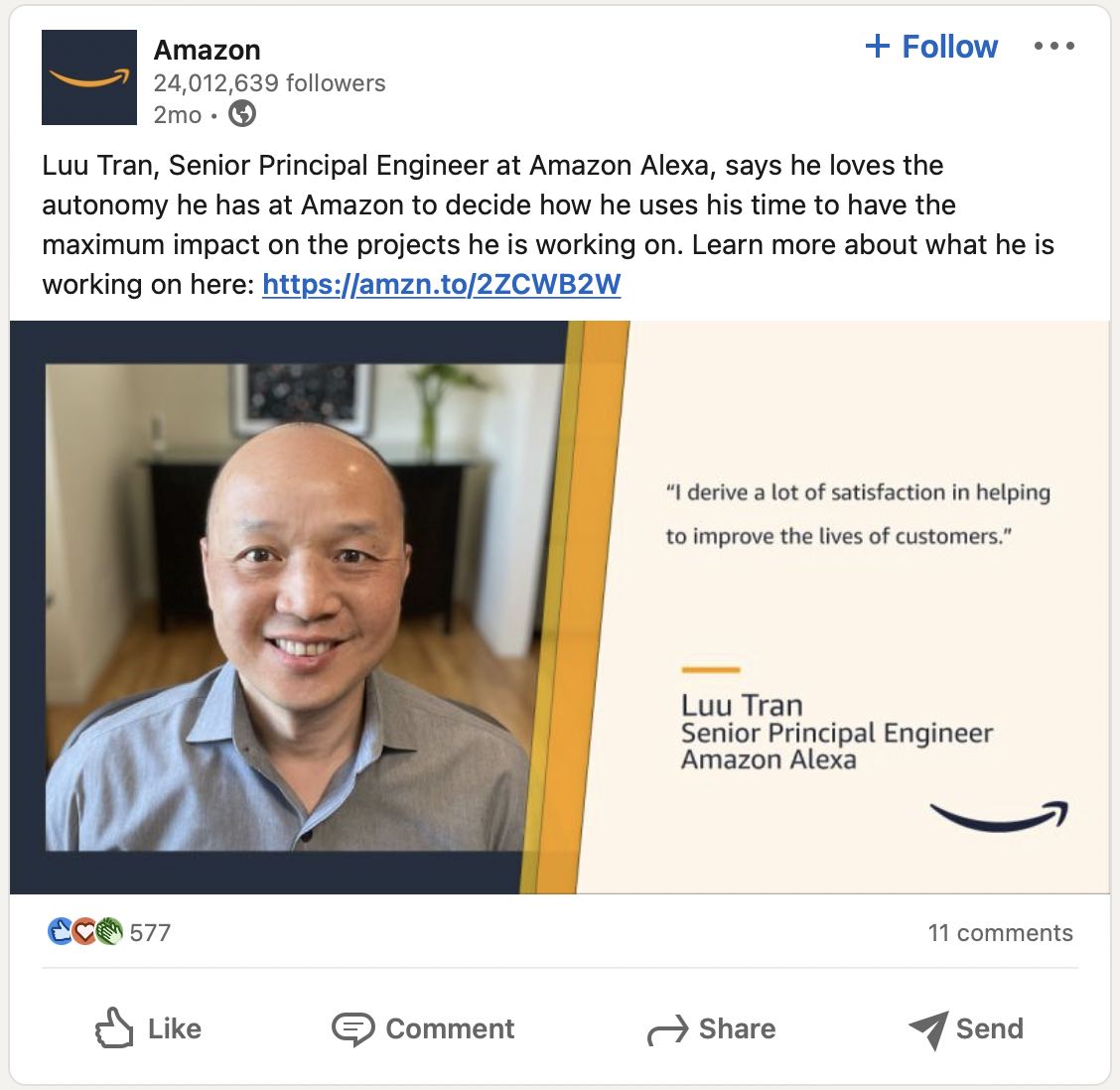 Screenshot of Amazon's LinkedIn page with an image of a male engineer-employee