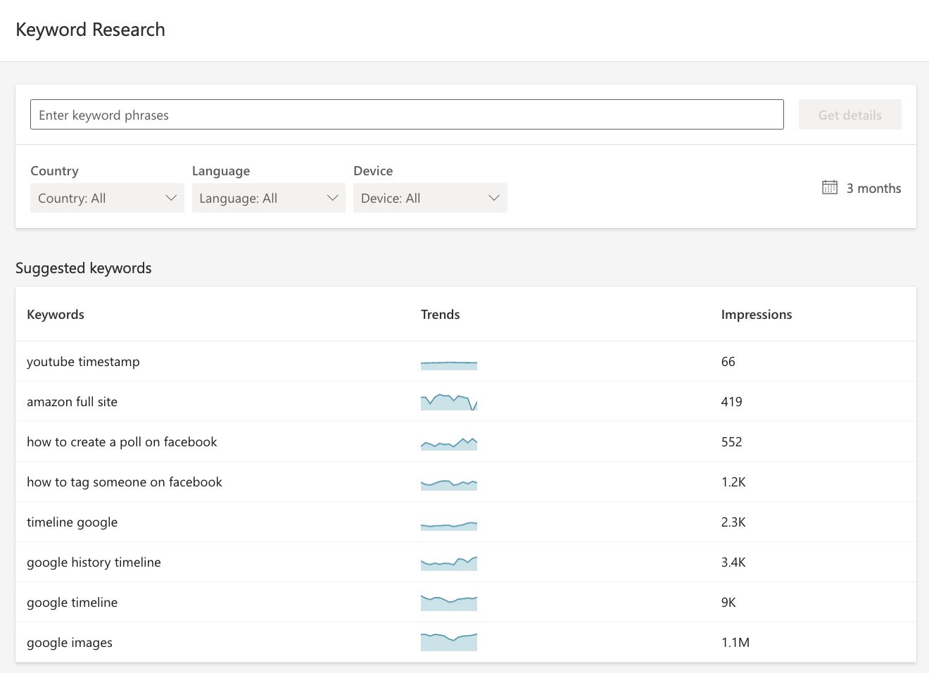 Screenshot of Bing Tools Keyword Research Report for Webmasters.