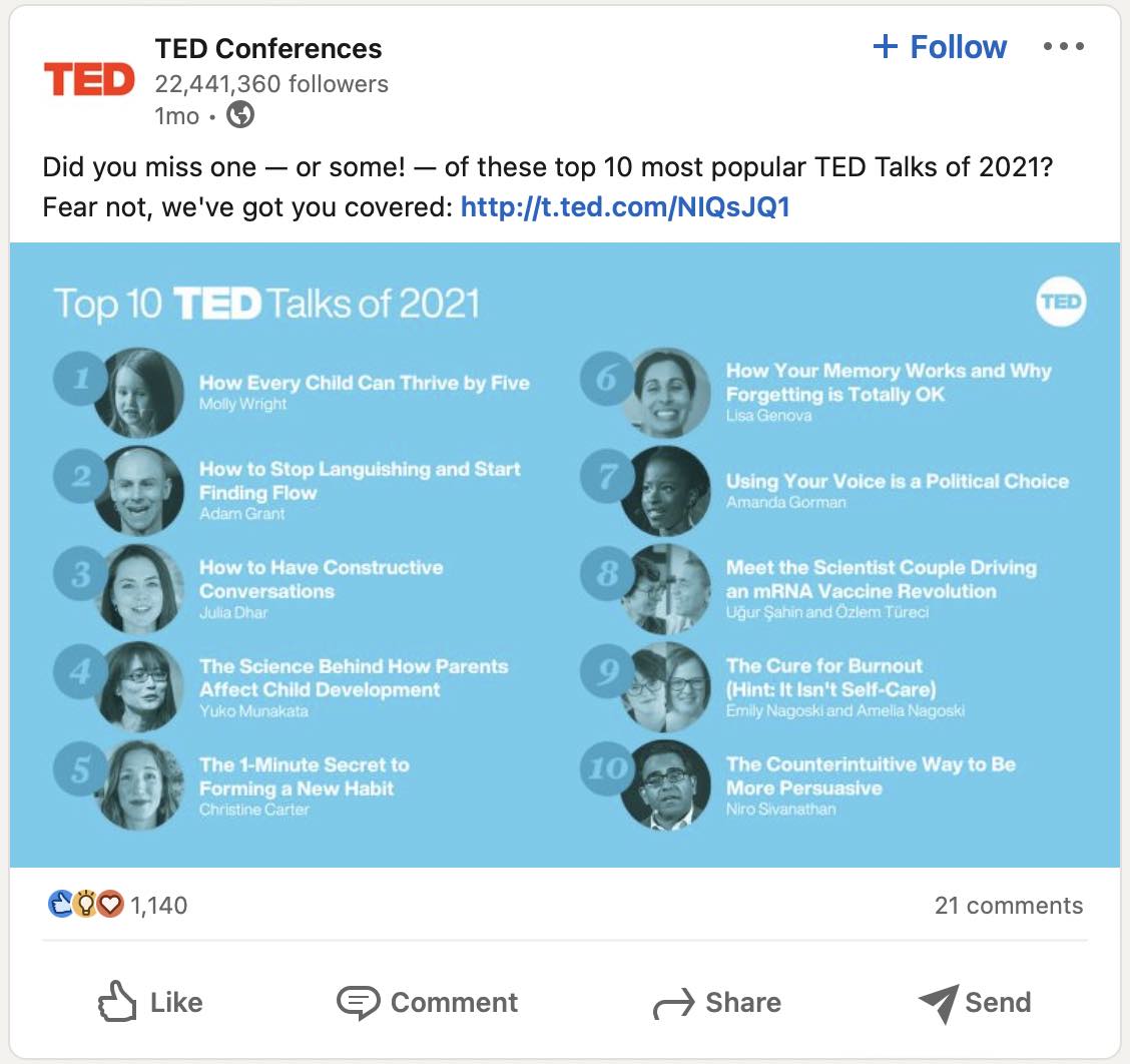 Screenshot of an image on TED's LinkedIn page showing "Top 10 TED Talks of 2021"