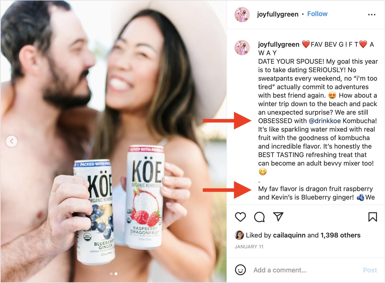 Screenshot of @joyfullygreen's Instagram post for Köe