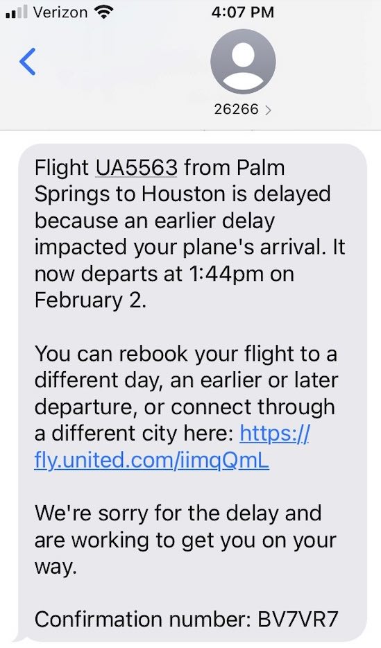 Screenshot of a text message from United announcing a delayed flight