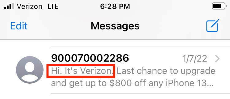 Screenshot of a text message from Verizon with the first sentence read, 