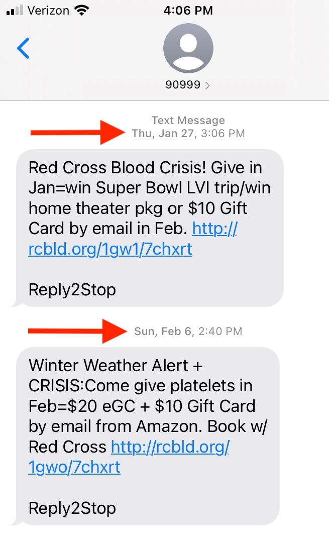 Screenshot of two Red Cross text messages showing dates about 10 days apart