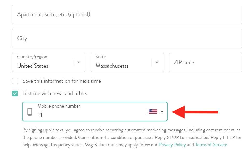 Screenshot of a checkout page with a box to provide a cell phone number