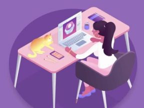 Illustration of a female at a desk from Gravit Designer home page